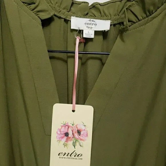 NWT Entro Olive Green Tiered Maxi Dress Sz L Puff Sleeve V-Neck Boho Cottagecore - Picture 2 of 14